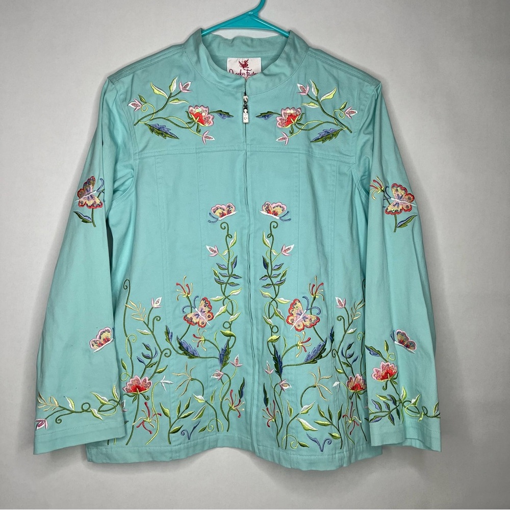 Quacker Factory Aqua Blue Floral Butterfly Embroidered‎ Jacket Women’s Medium M